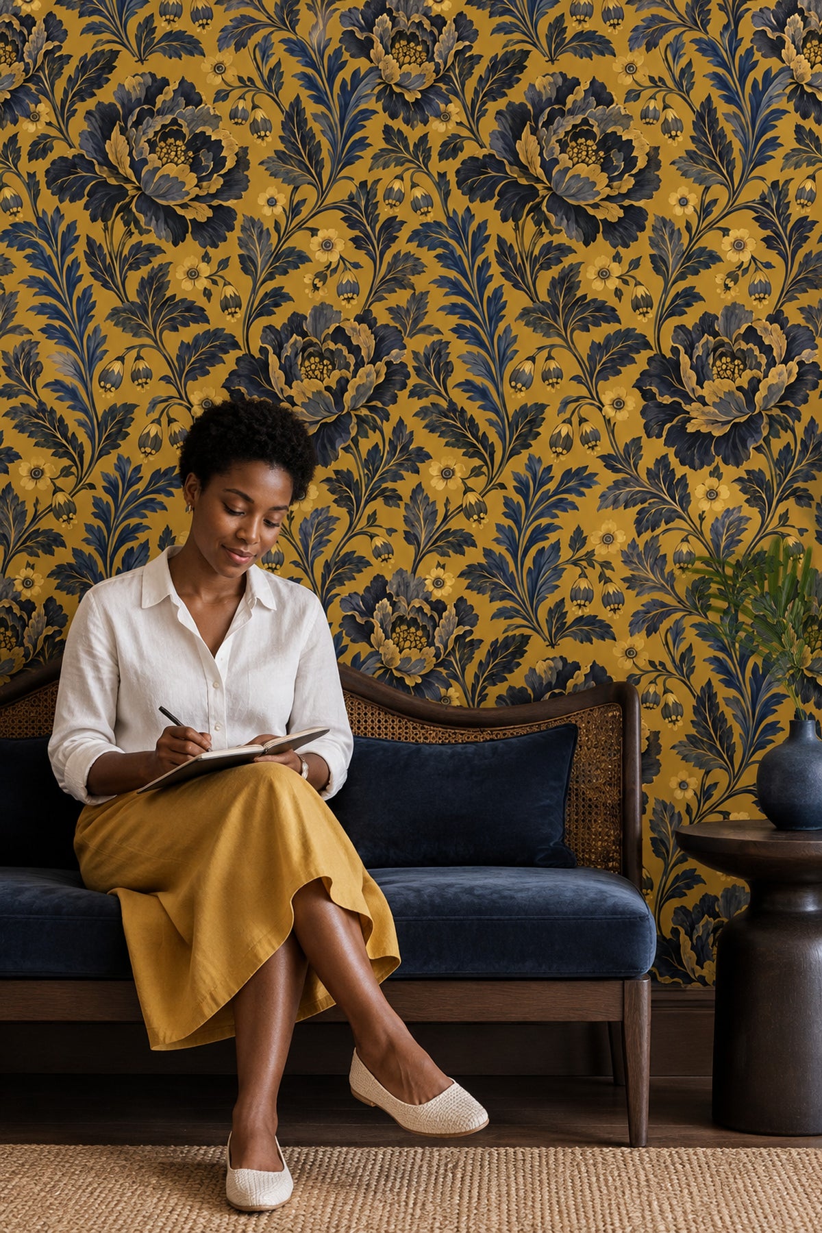 Peony Flowers Wallpaper Mustard Gold With Navy Leaves
