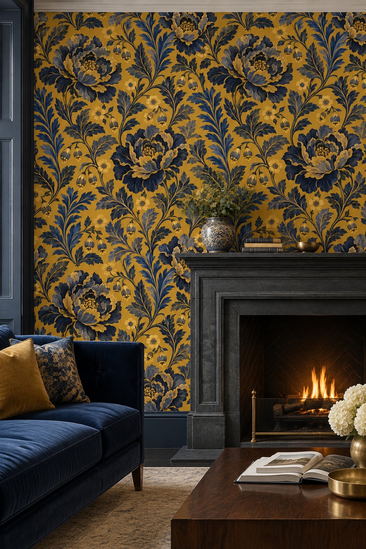 Peony Flowers Wallpaper Mustard Gold With Navy Leaves