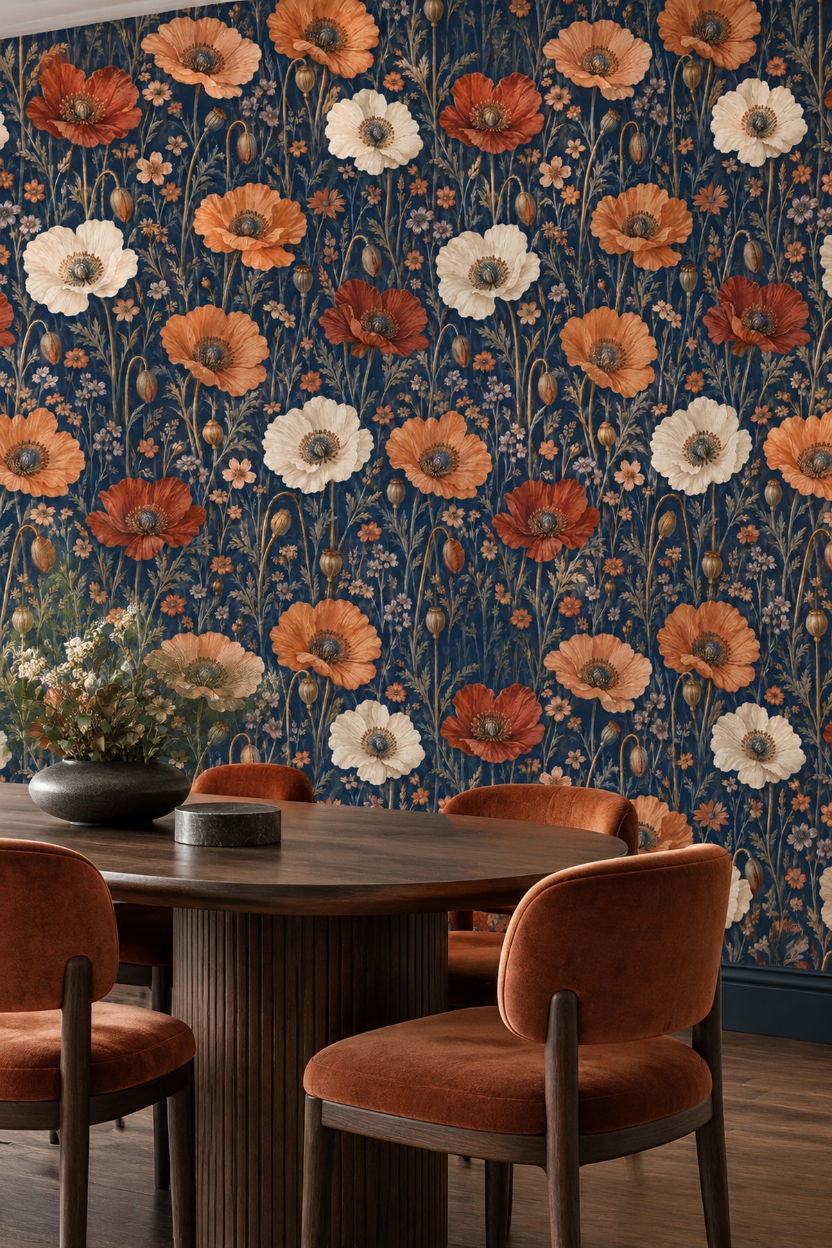 Poppies Wallpaper Vintage Inspired Botanical On Dark Navy Background