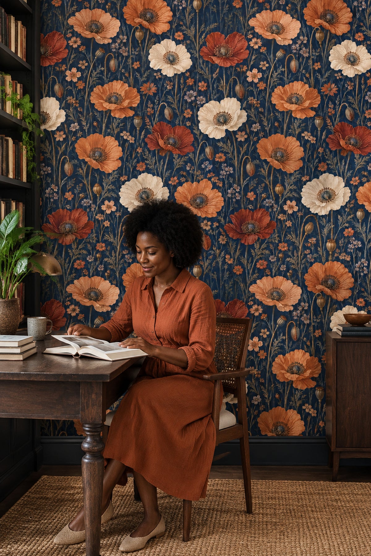 Poppies Wallpaper Vintage Inspired Botanical On Dark Navy Background