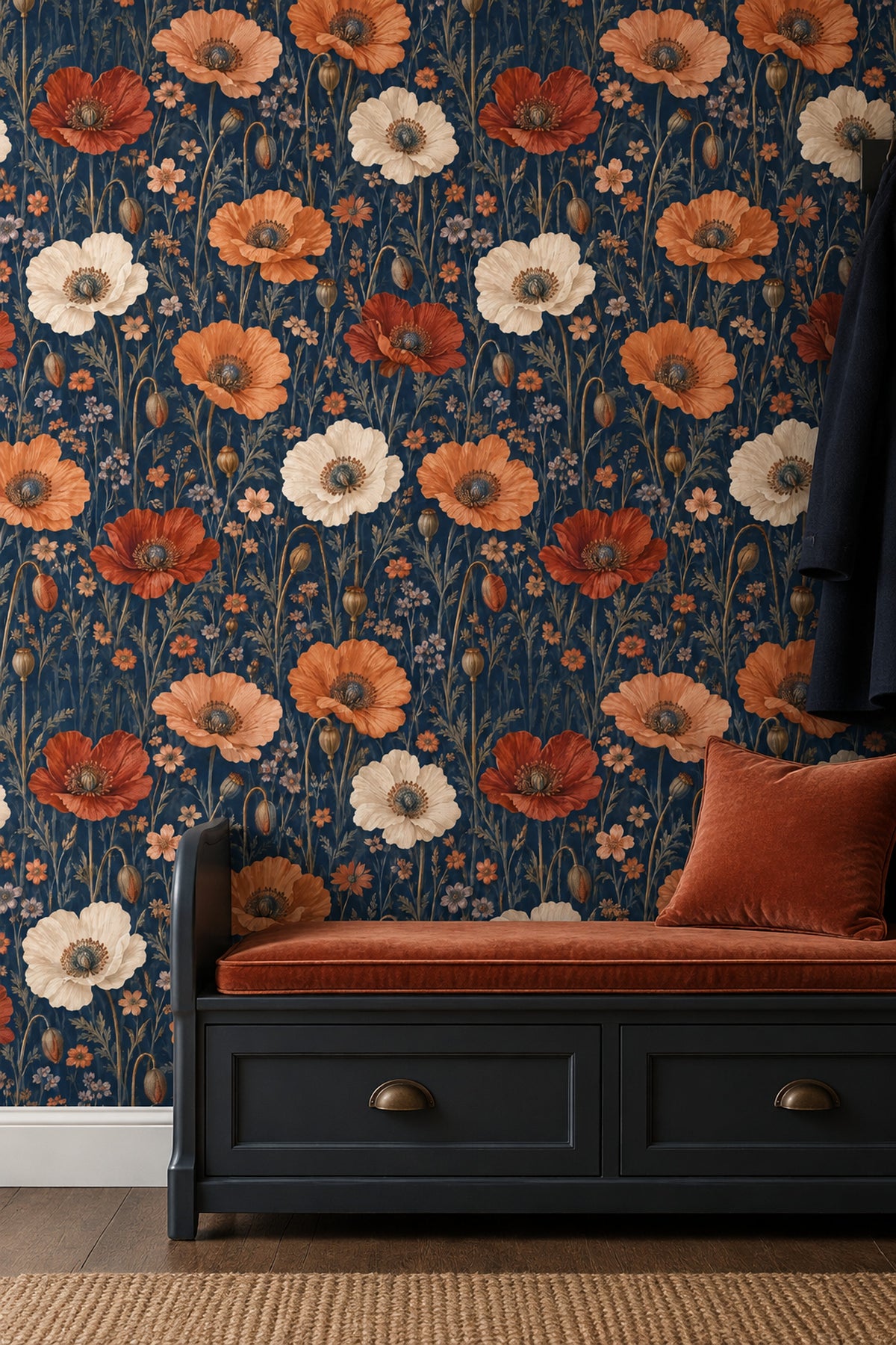 Poppies Wallpaper Vintage Inspired Botanical On Dark Navy Background