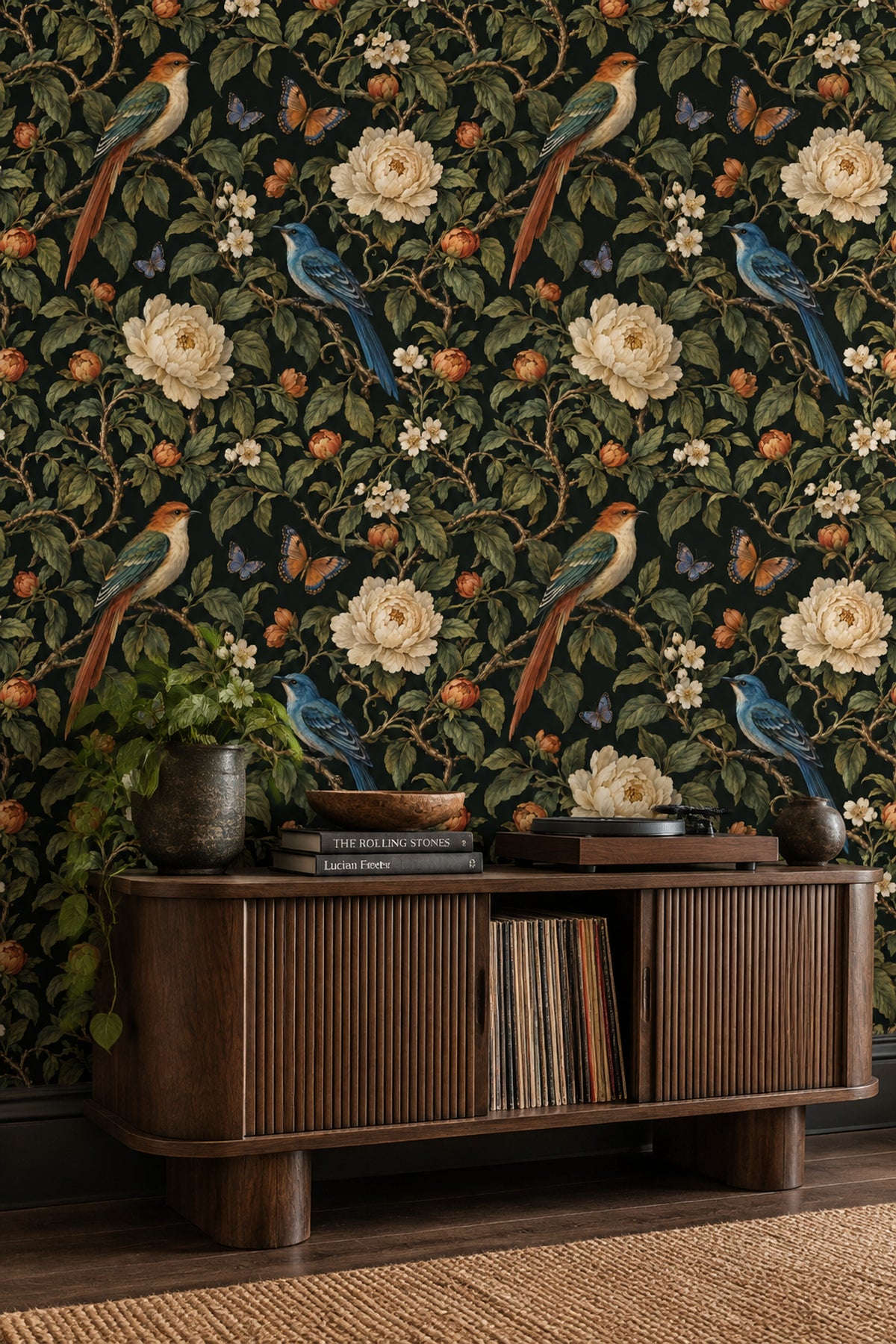 Birds And Cream Blossoms Wallpaper Dark Chinoiserie Botanical