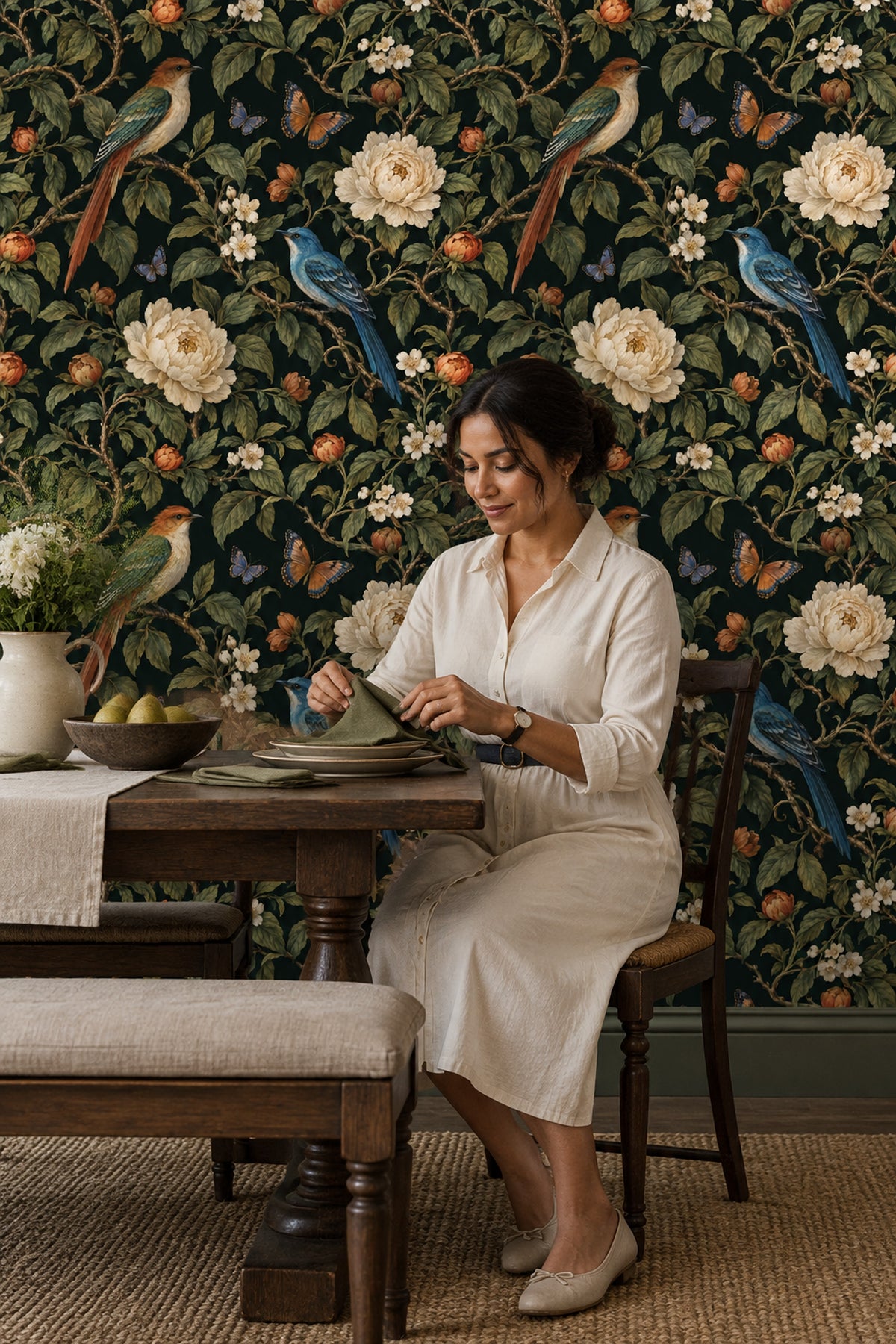 Birds And Cream Blossoms Wallpaper Dark Chinoiserie Botanical
