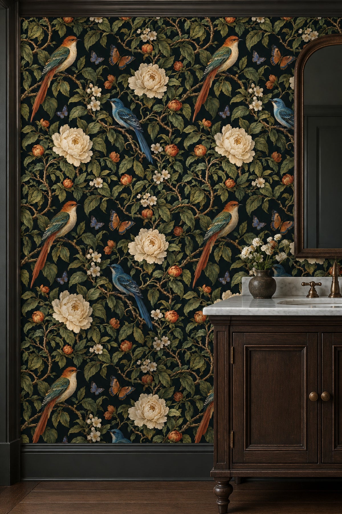 Birds And Cream Blossoms Wallpaper Dark Chinoiserie Botanical