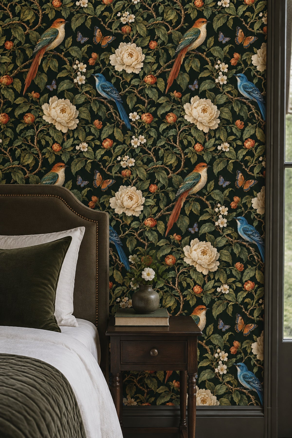 Birds And Cream Blossoms Wallpaper Dark Chinoiserie Botanical