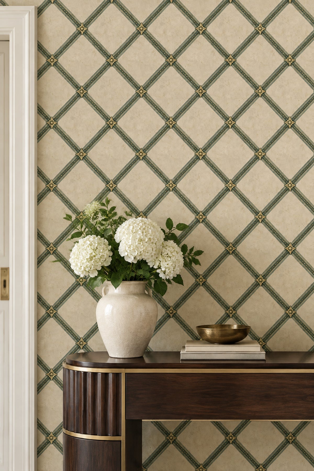 Green Lattice Rosette Wallpaper Muted Green And Gold On Beige Plaster
