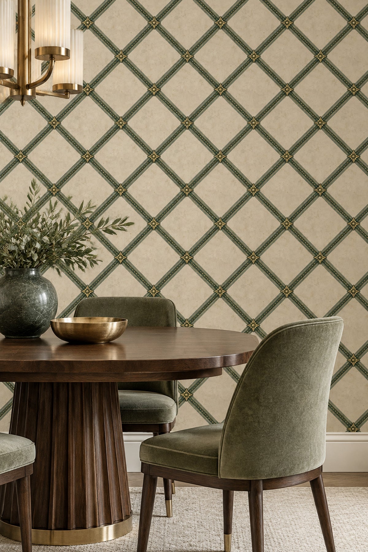 Green Lattice Rosette Wallpaper Muted Green And Gold On Beige Plaster