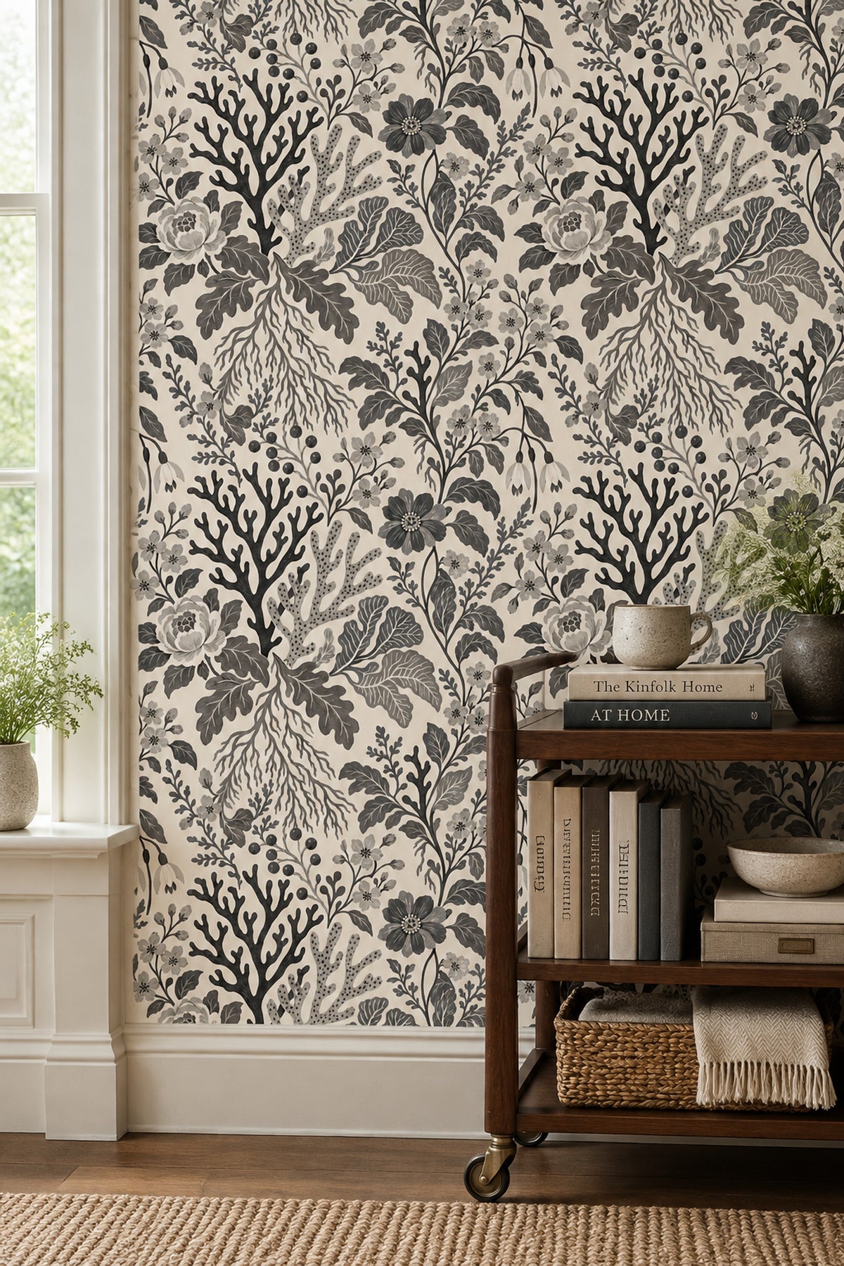 Gray Botanical Floral Wallpaper On Ivory Background