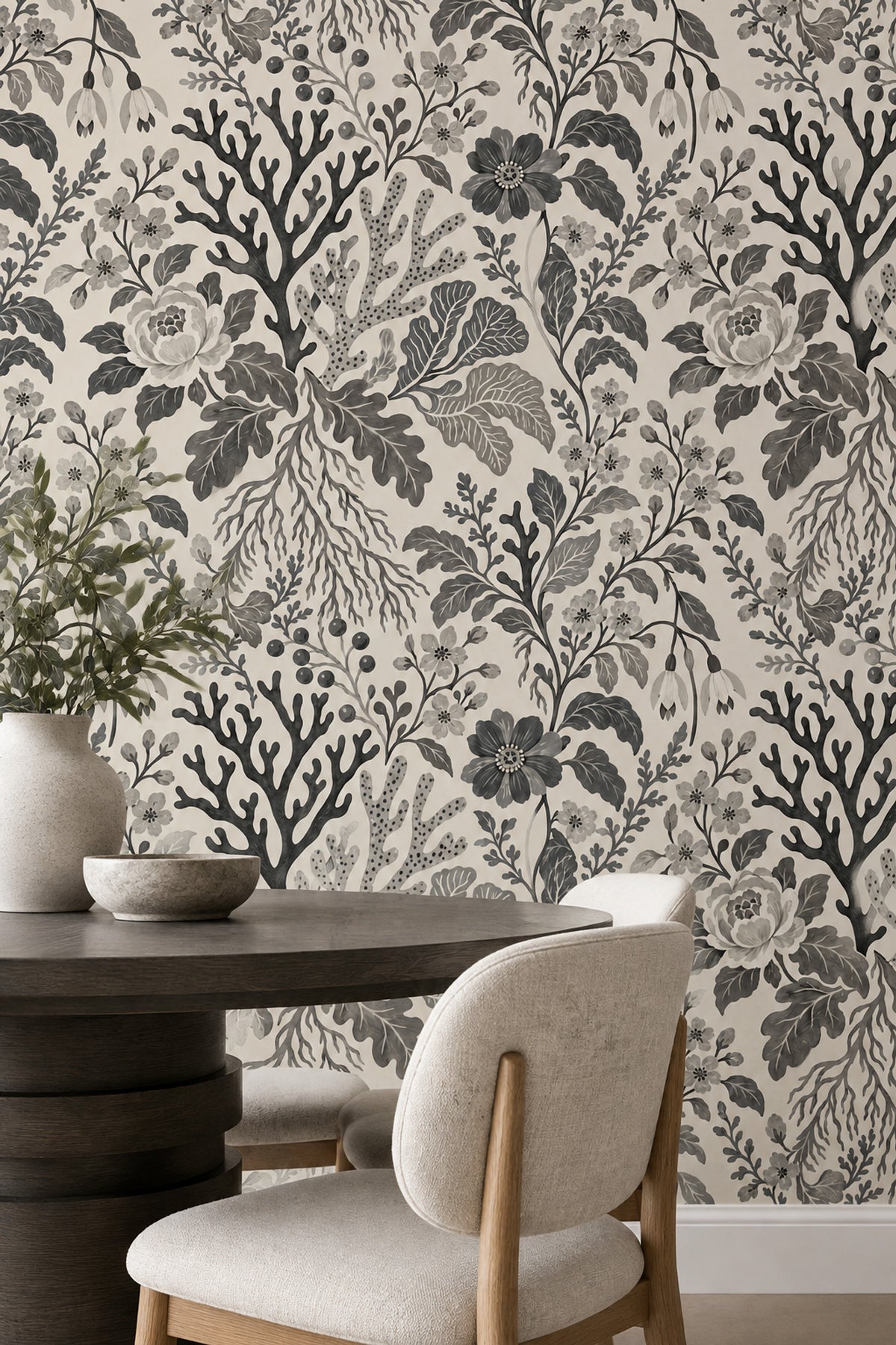 Gray Botanical Floral Wallpaper On Ivory Background