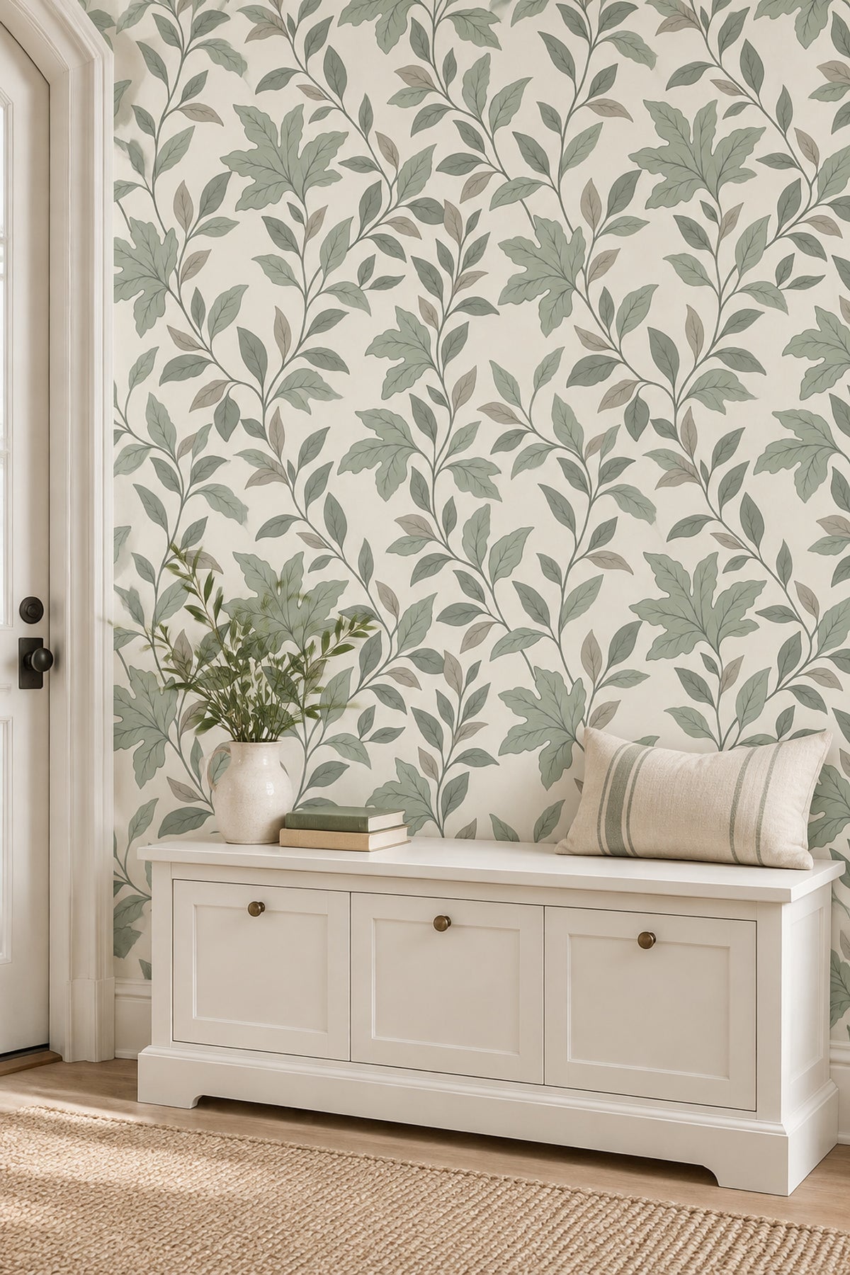 Leafy Vines Wallpaper Sage Green On Cream Background