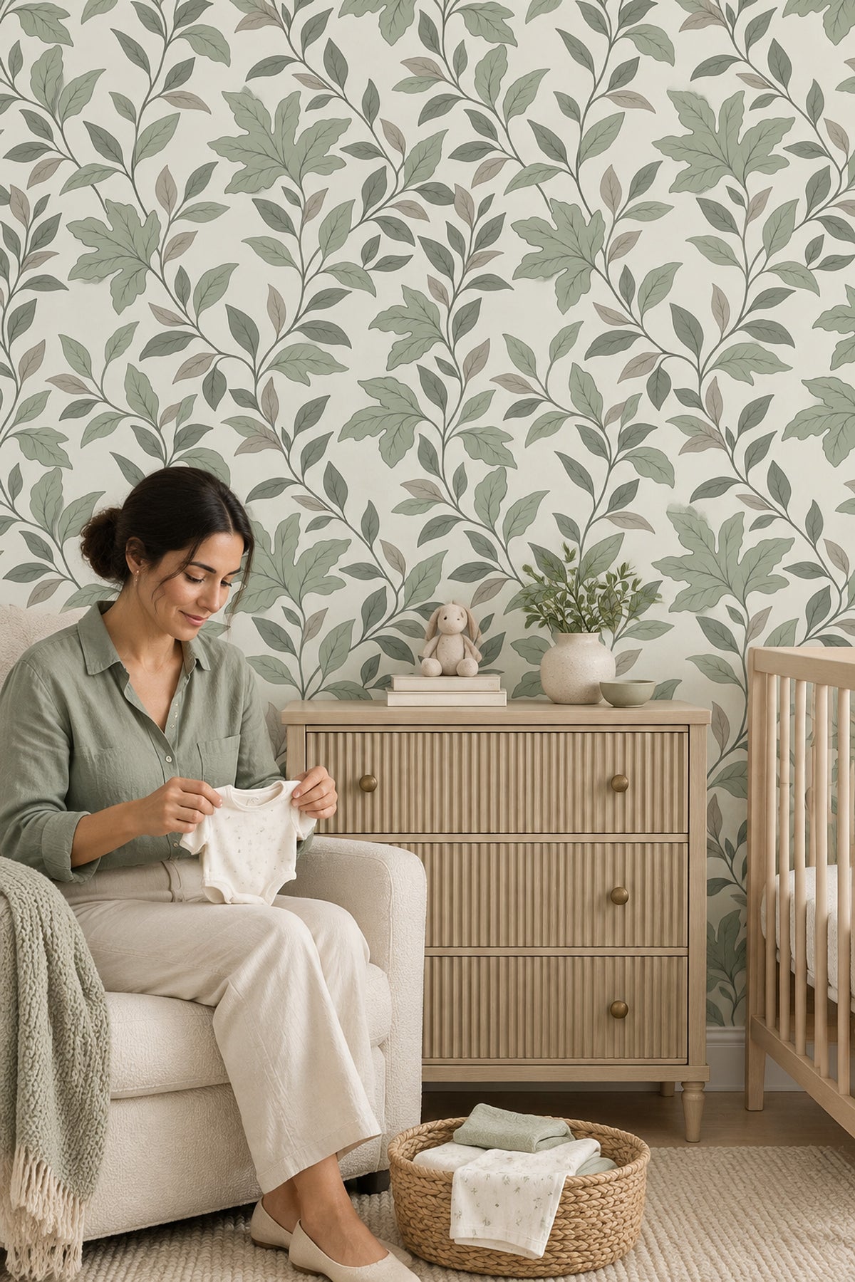 Leafy Vines Wallpaper Sage Green On Cream Background