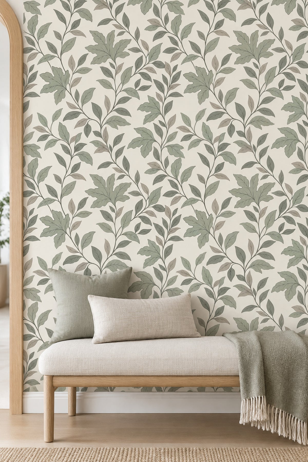 Leafy Vines Wallpaper Sage Green On Cream Background