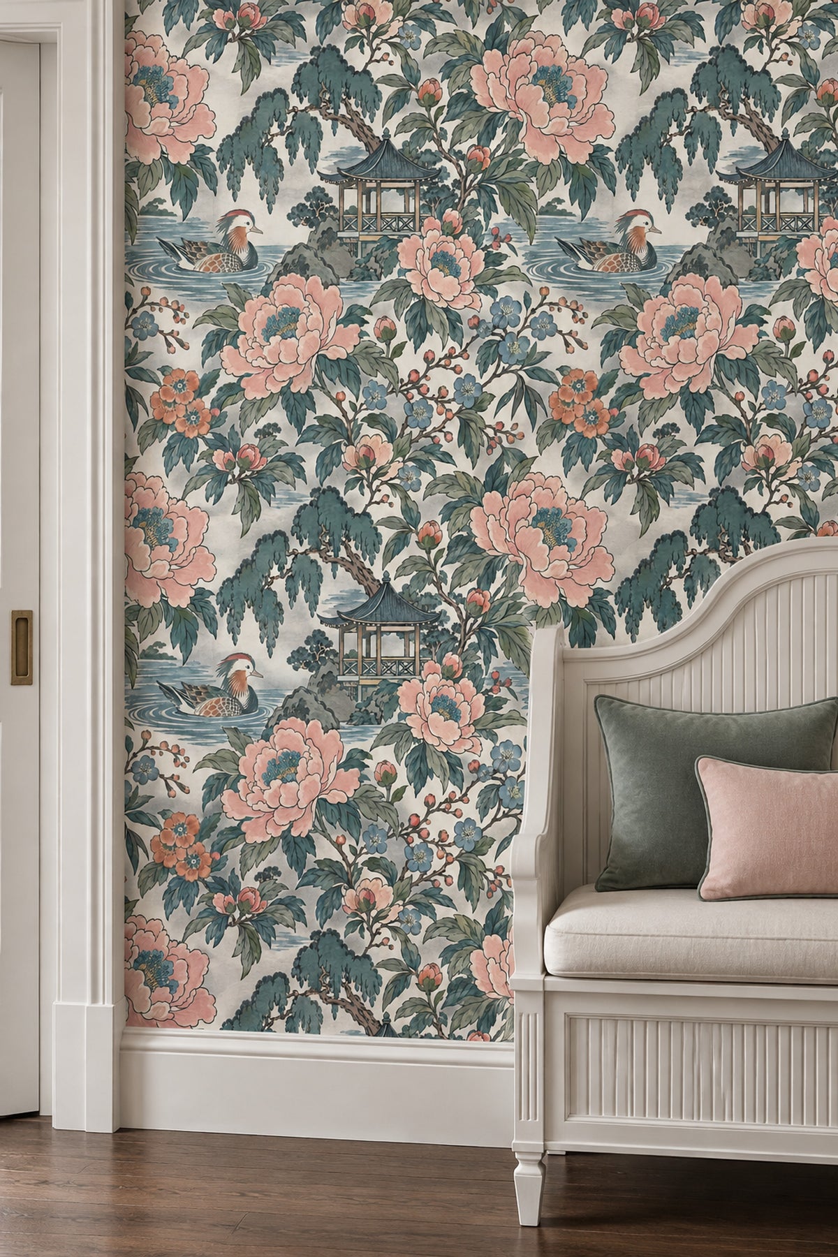 Peonies And Duck Wallpaper Chinoiserie Garden In Cream And Teal