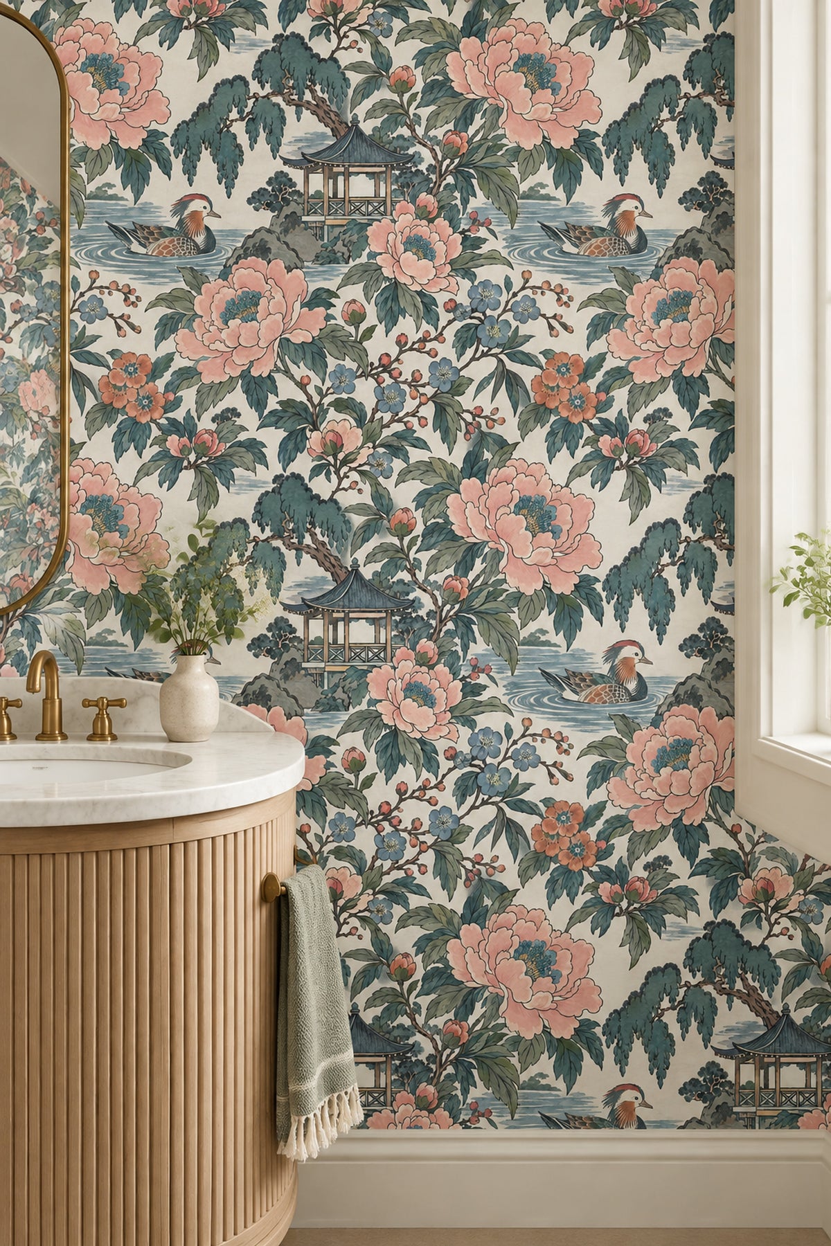 Peonies And Duck Wallpaper Chinoiserie Garden In Cream And Teal