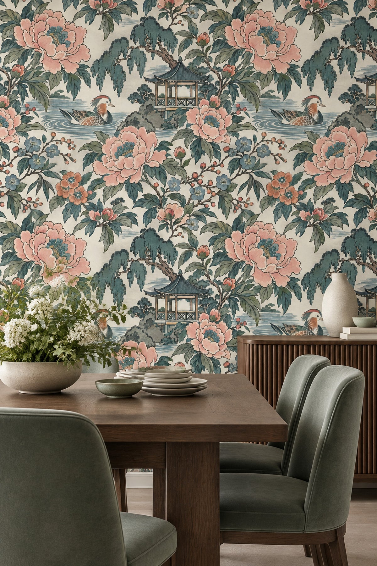 Peonies And Duck Wallpaper Chinoiserie Garden In Cream And Teal