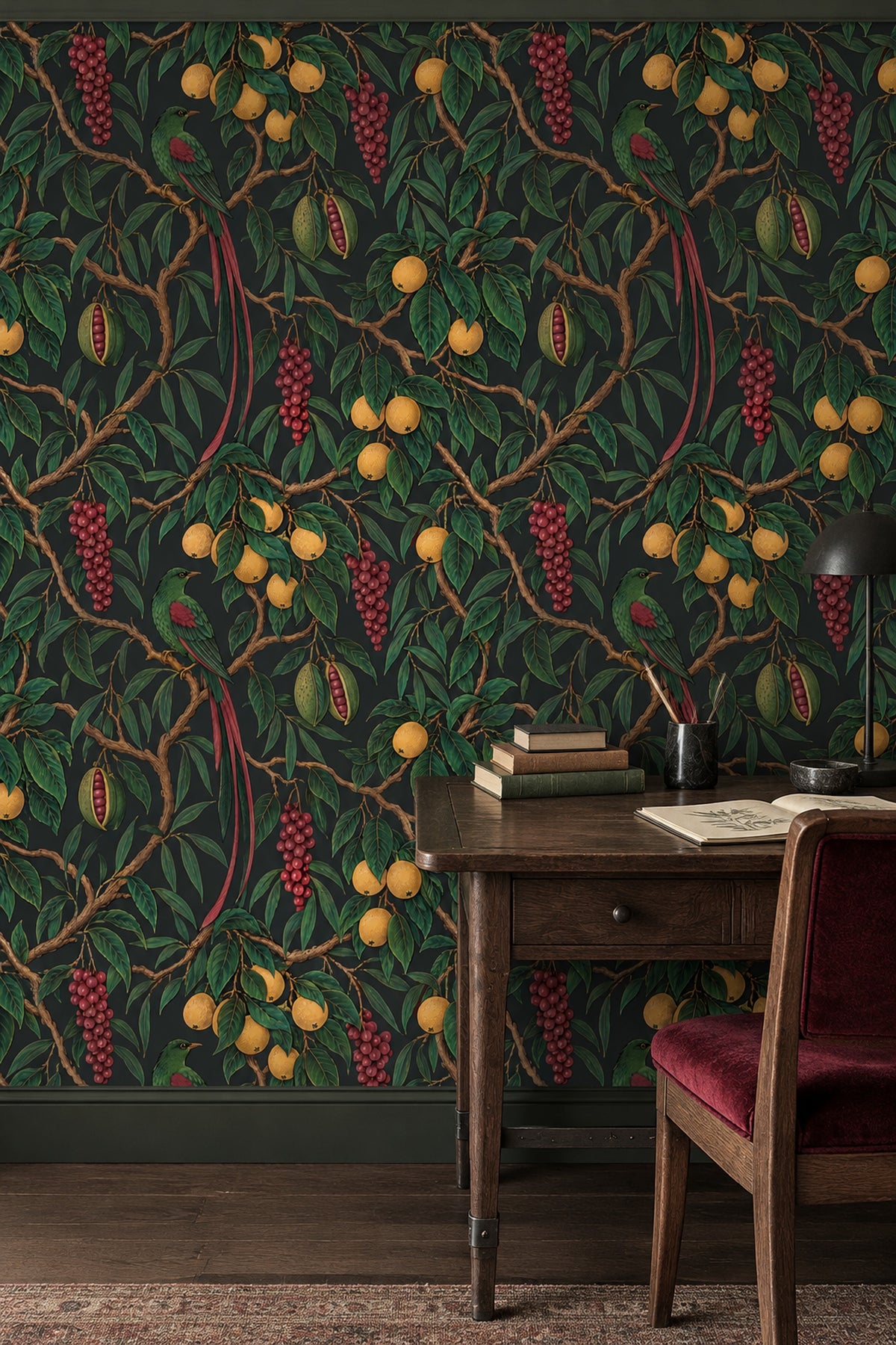 Tropical Bird And Fruit Wallpaper Dark Botanical Illustration