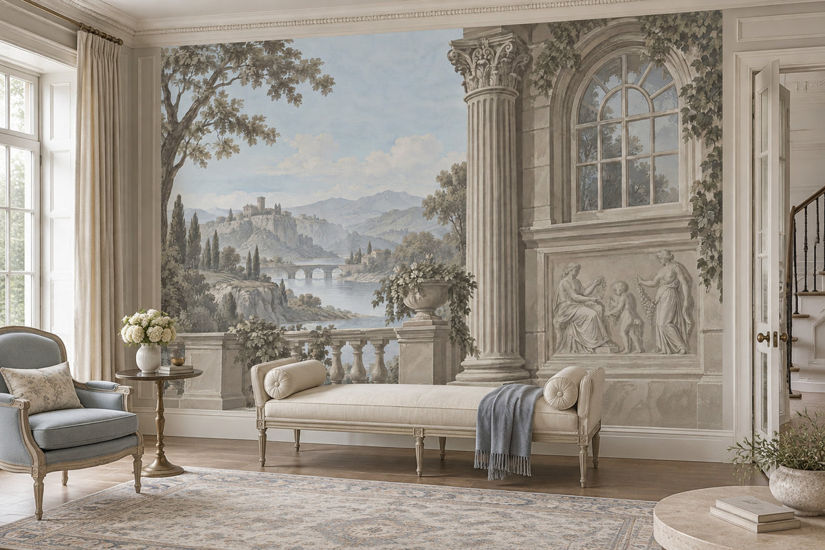 Classical Stone Terrace Landscape Wallpaper Mural Vintage Inspired Fresco Style