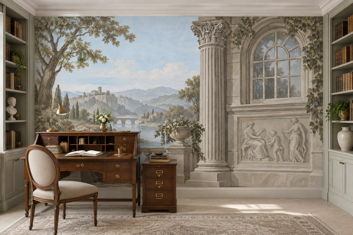 Classical Stone Terrace Landscape Wallpaper Mural Vintage Inspired Fresco Style