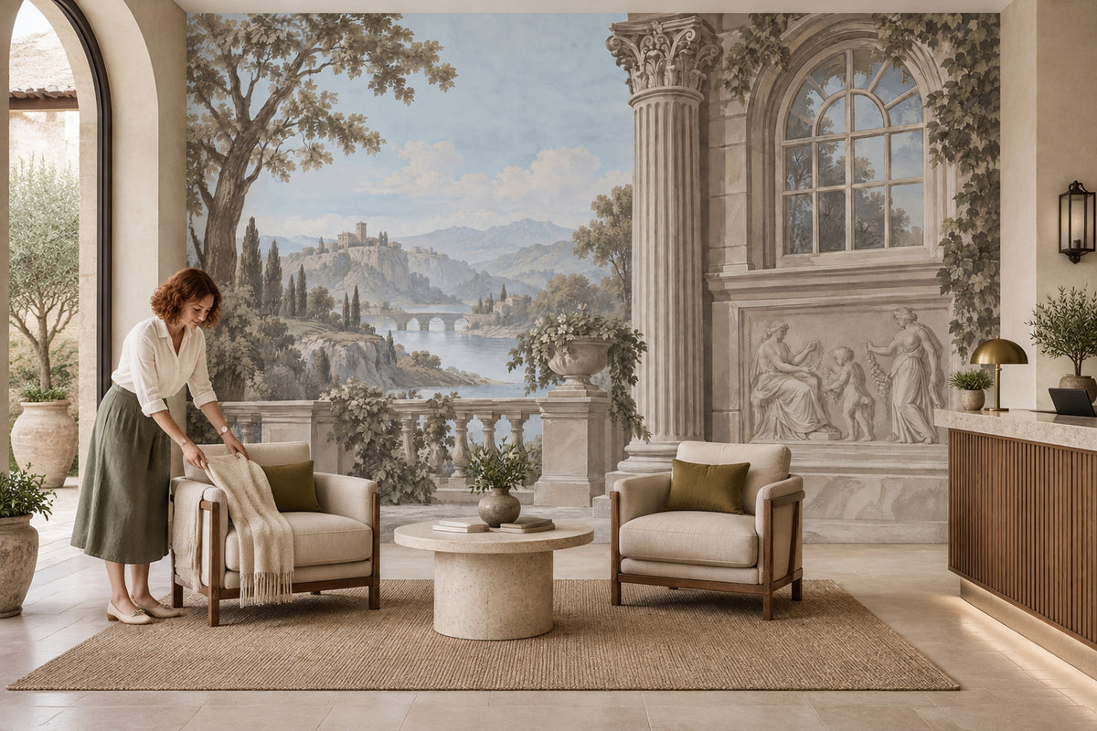 Classical Stone Terrace Landscape Wallpaper Mural Vintage Inspired Fresco Style