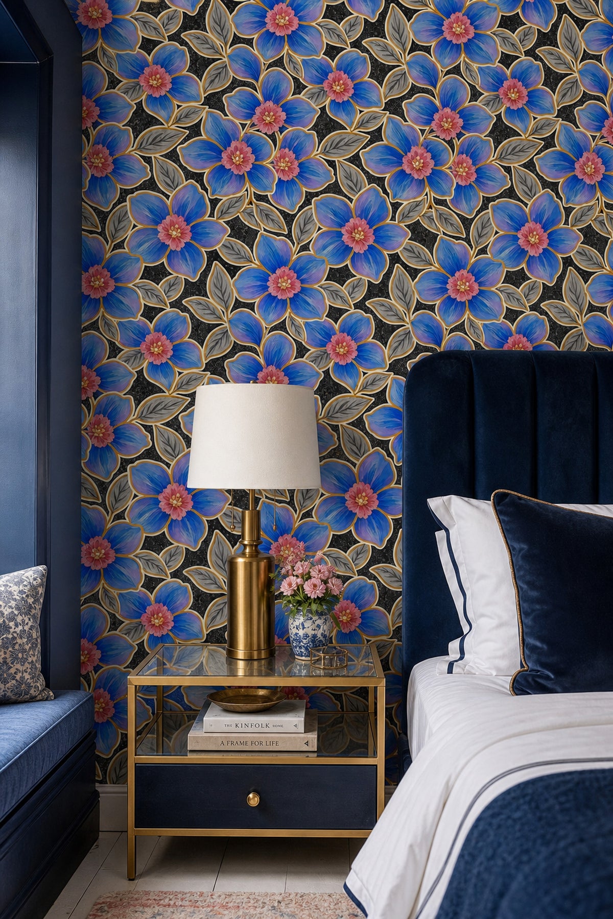 Blue Watercolor Flowers Wallpaper Dark Floral On Black