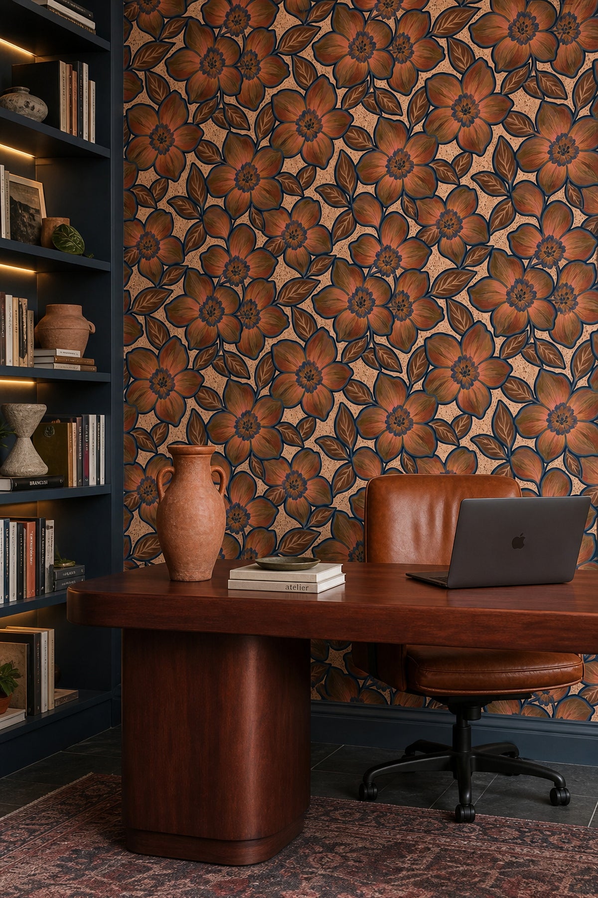 Oversized Floral Wallpaper In Earthy Tones With Navy Outlines