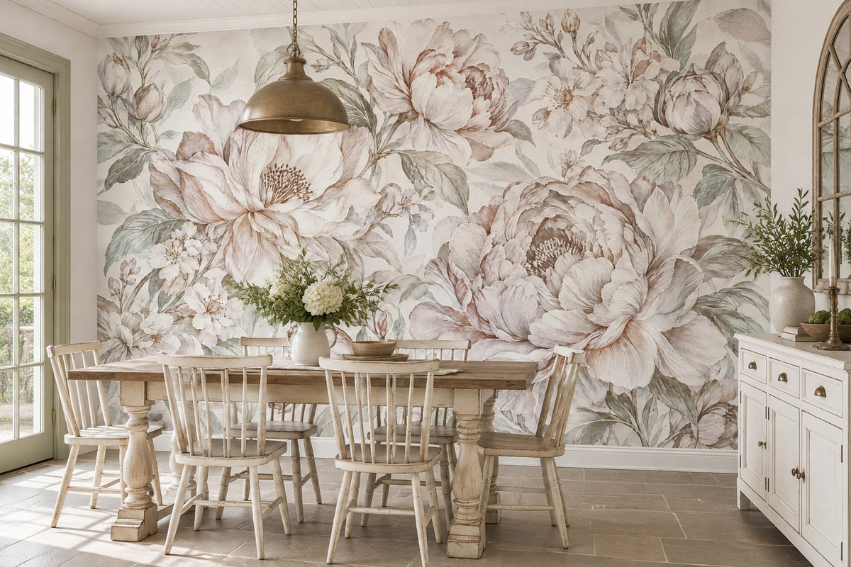 Watercolor Peonies Wallpaper Mural Ivory Background With Soft Sage Leaves