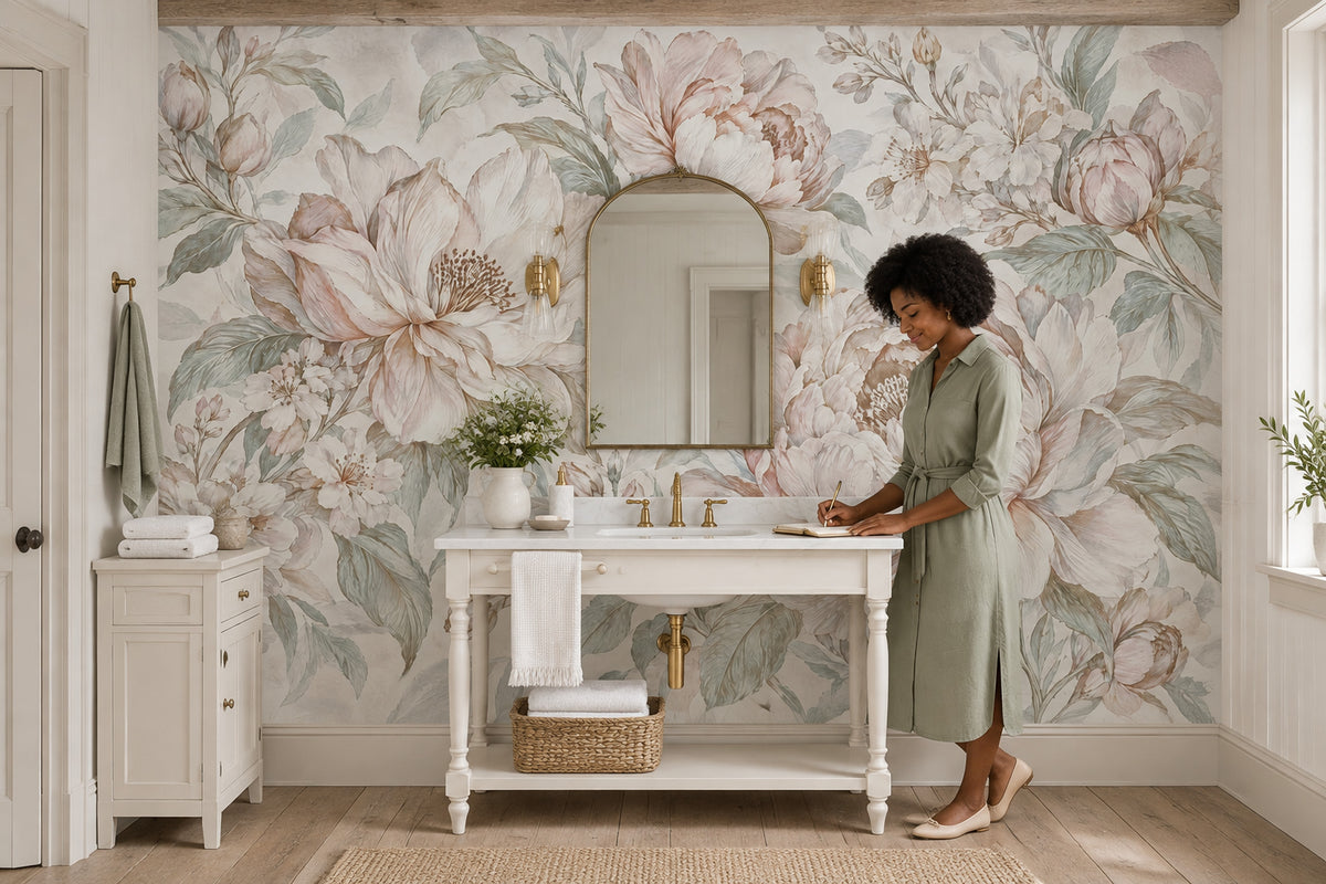 Watercolor Peonies Wallpaper Mural Ivory Background With Soft Sage Leaves