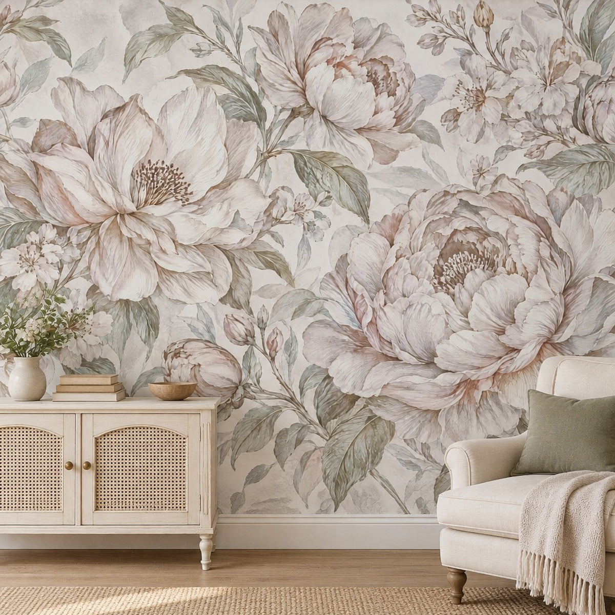 Watercolor Peonies Wallpaper Mural Ivory Background With Soft Sage Leaves