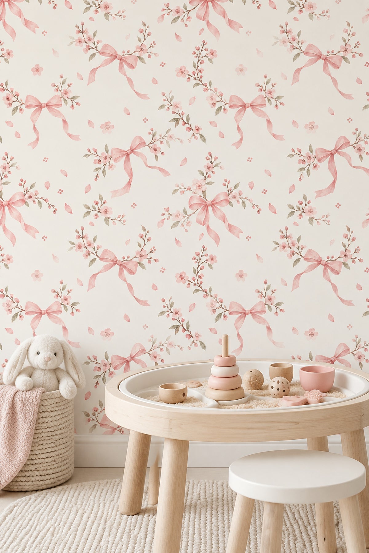 Pink Cherry Blossom Bows Wallpaper Watercolor Pattern On Cream