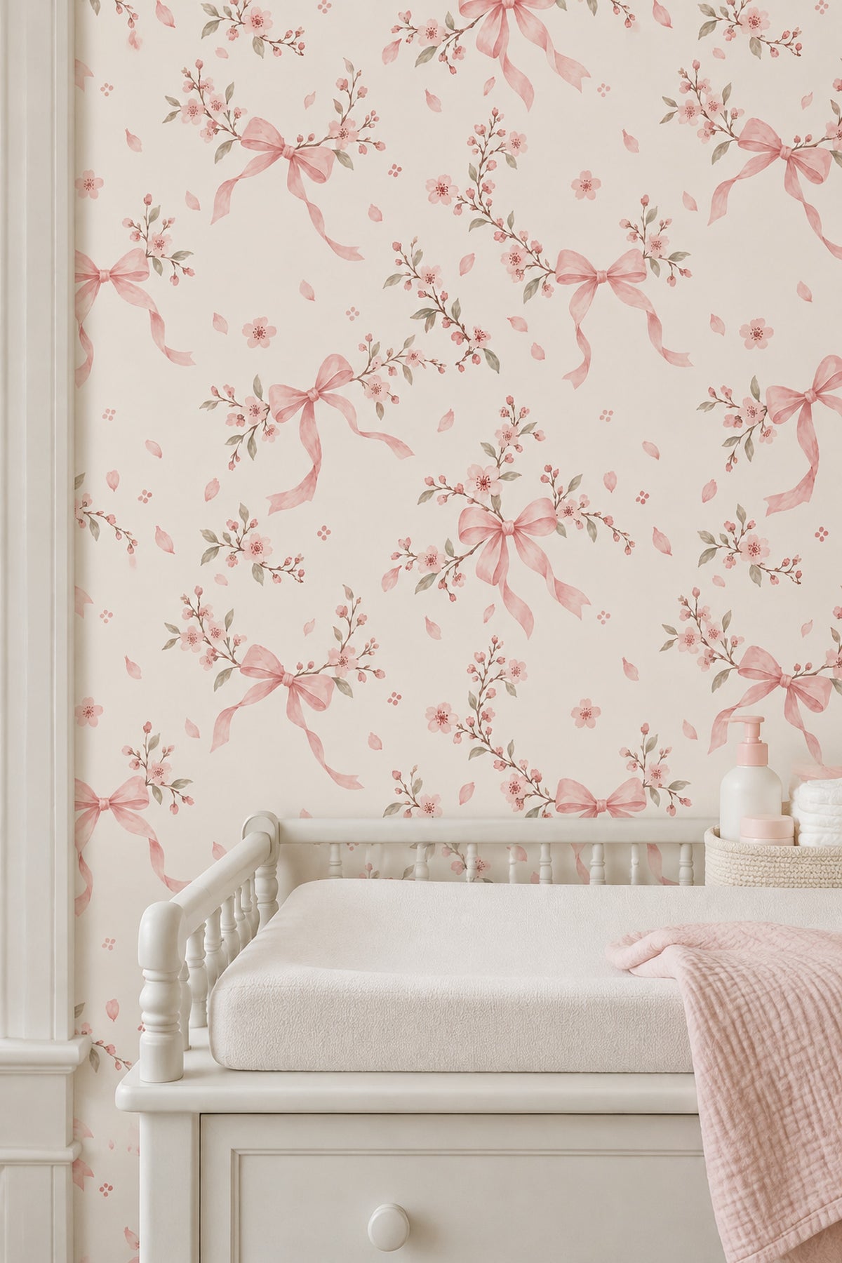 Pink Cherry Blossom Bows Wallpaper Watercolor Pattern On Cream