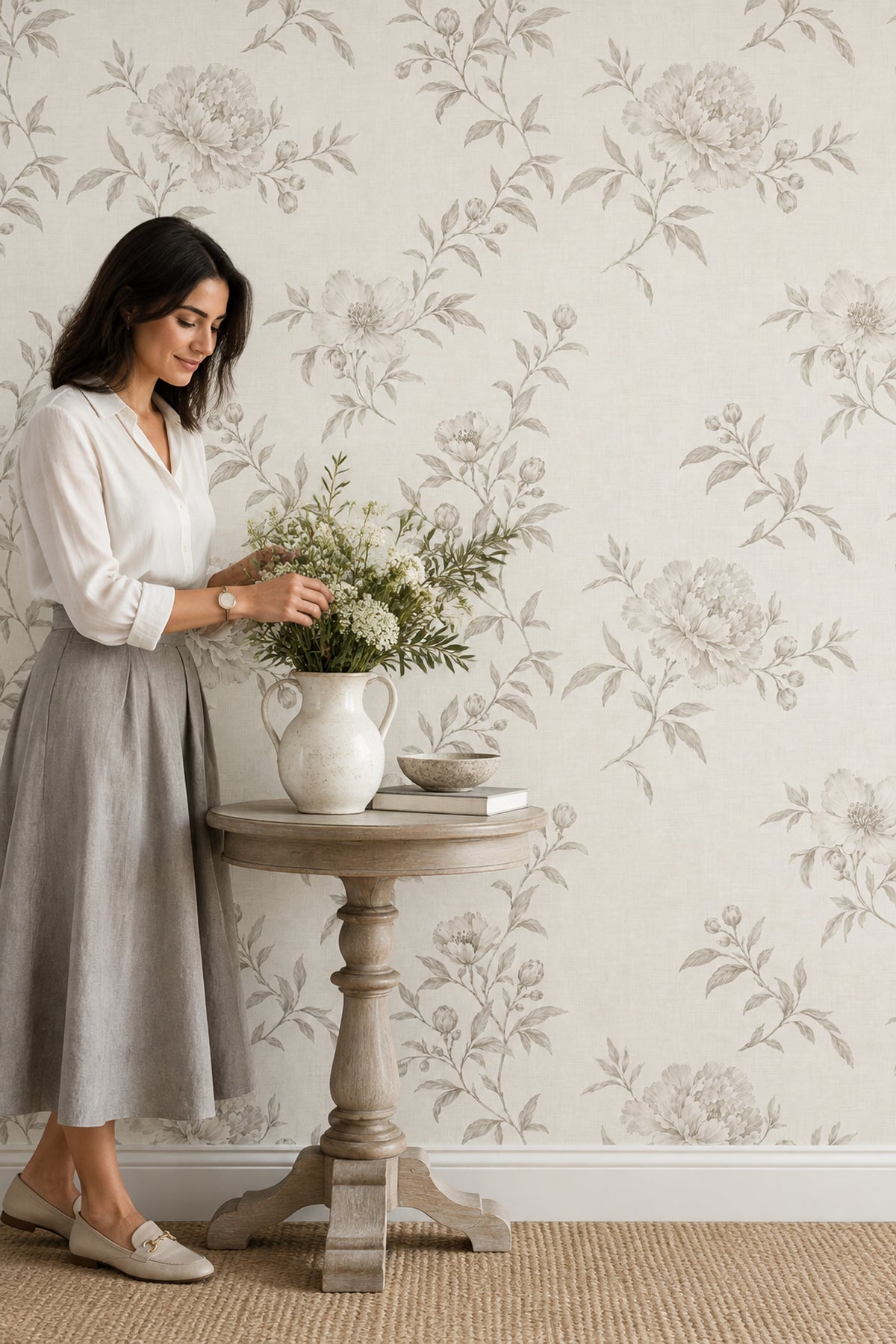 Vintage Inspired Peony Line Art Wallpaper Ivory Beige Linen Texture
