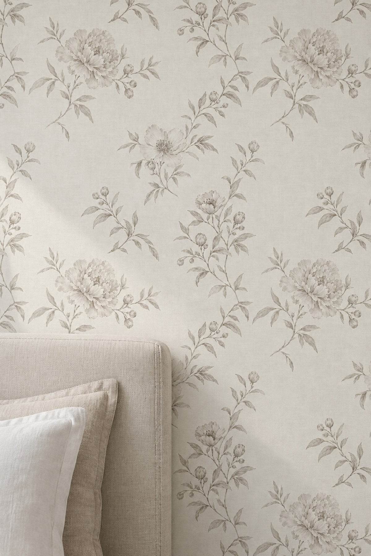 Vintage Inspired Peony Line Art Wallpaper Ivory Beige Linen Texture