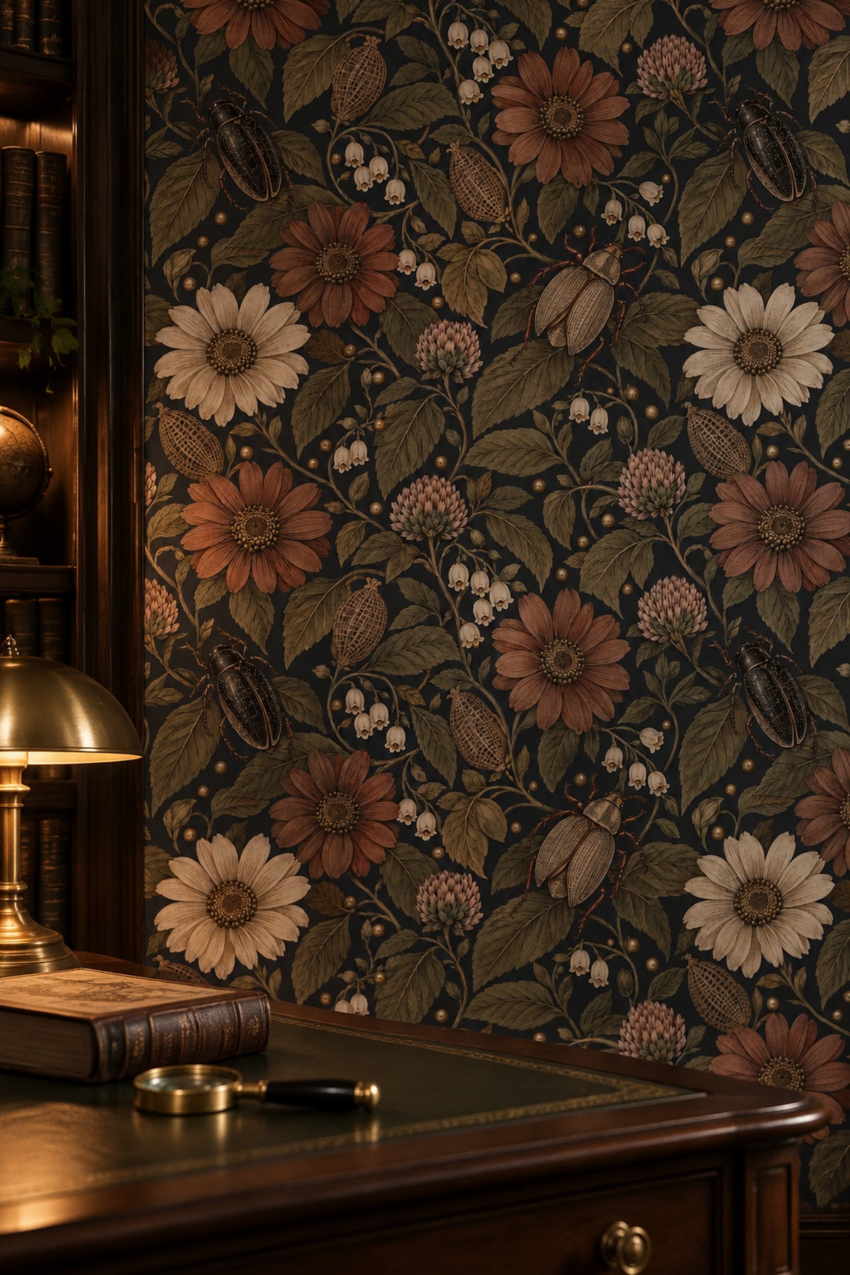 Vintage Inspired Daisy Floral Wallpaper Dark Charcoal With Muted Green Leaves