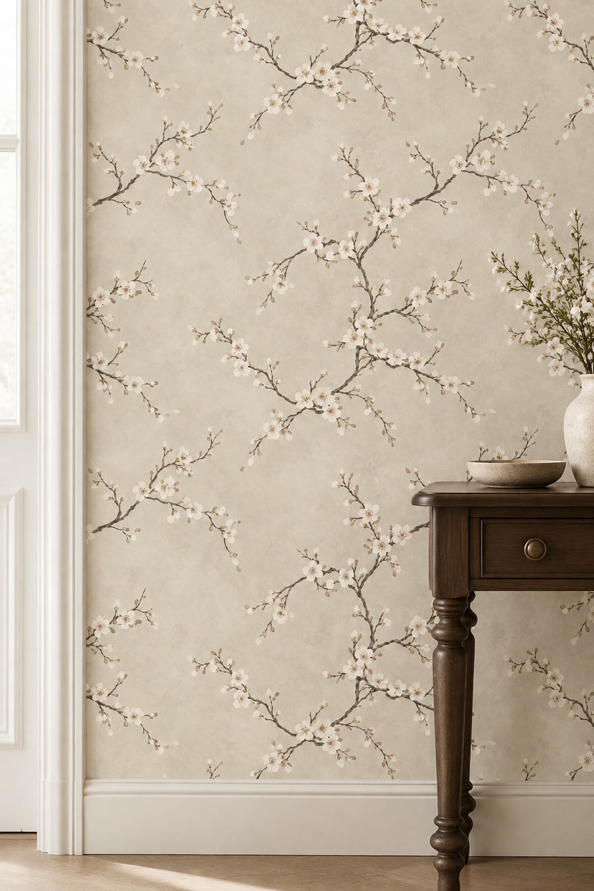 White Cherry Blossom Branches Wallpaper Cream Beige Background