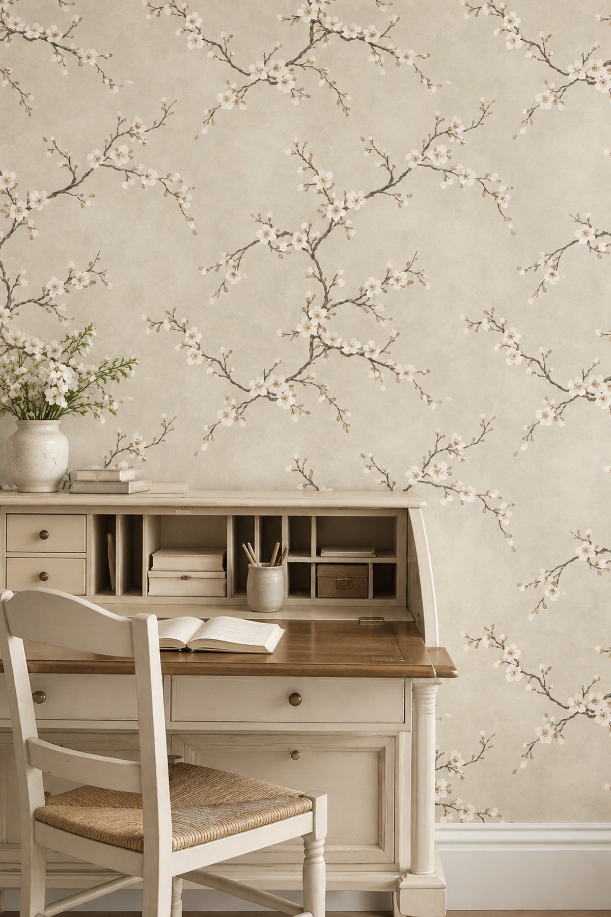 White Cherry Blossom Branches Wallpaper Cream Beige Background
