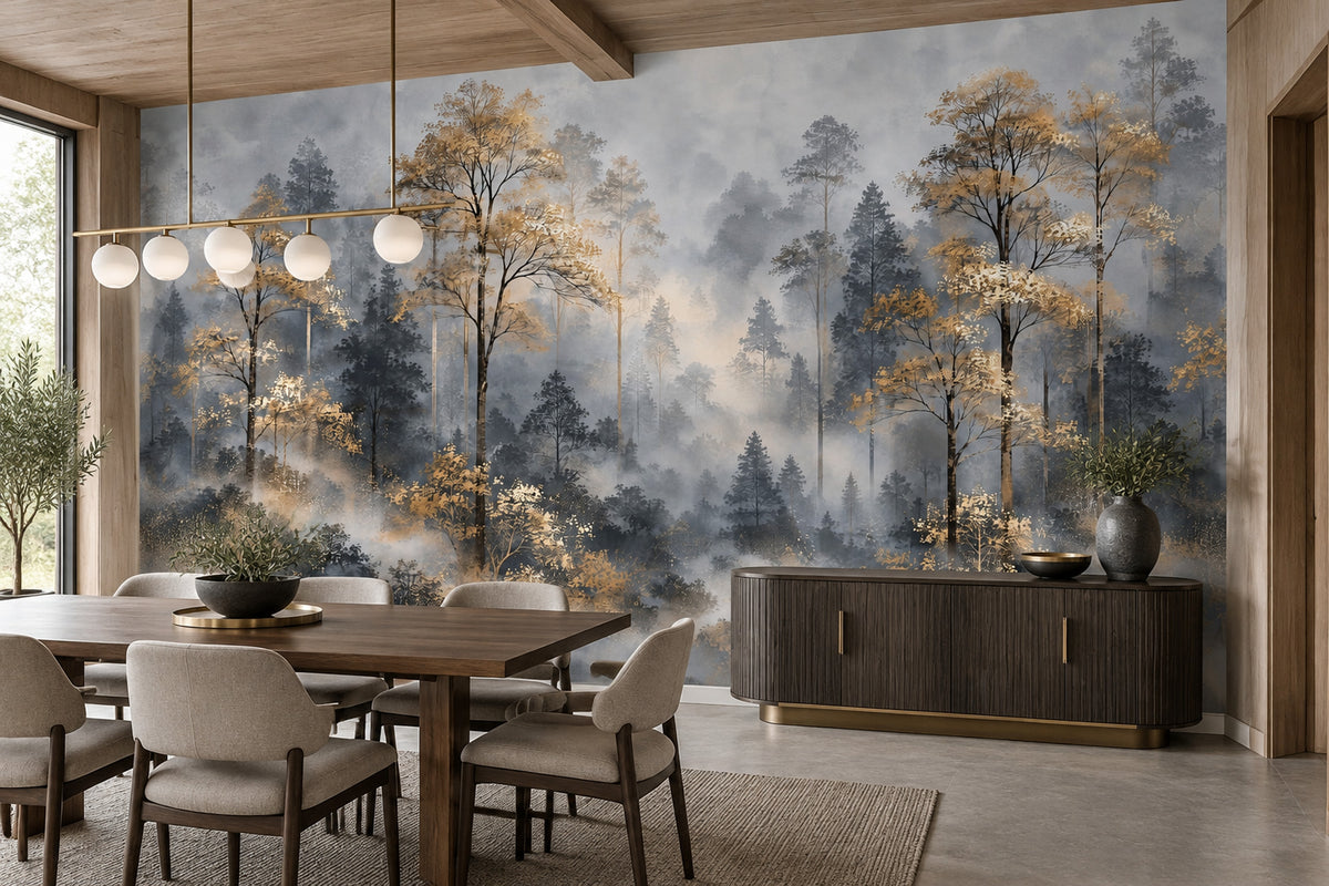 Misty Forest Wallpaper Mural Gray And Gold Watercolor Trees