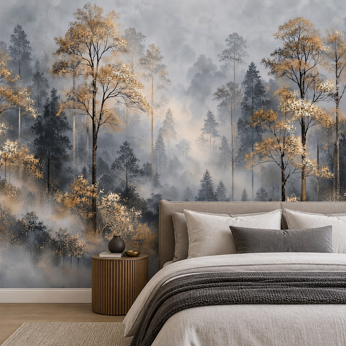 Misty Forest Wallpaper Mural Gray And Gold Watercolor Trees