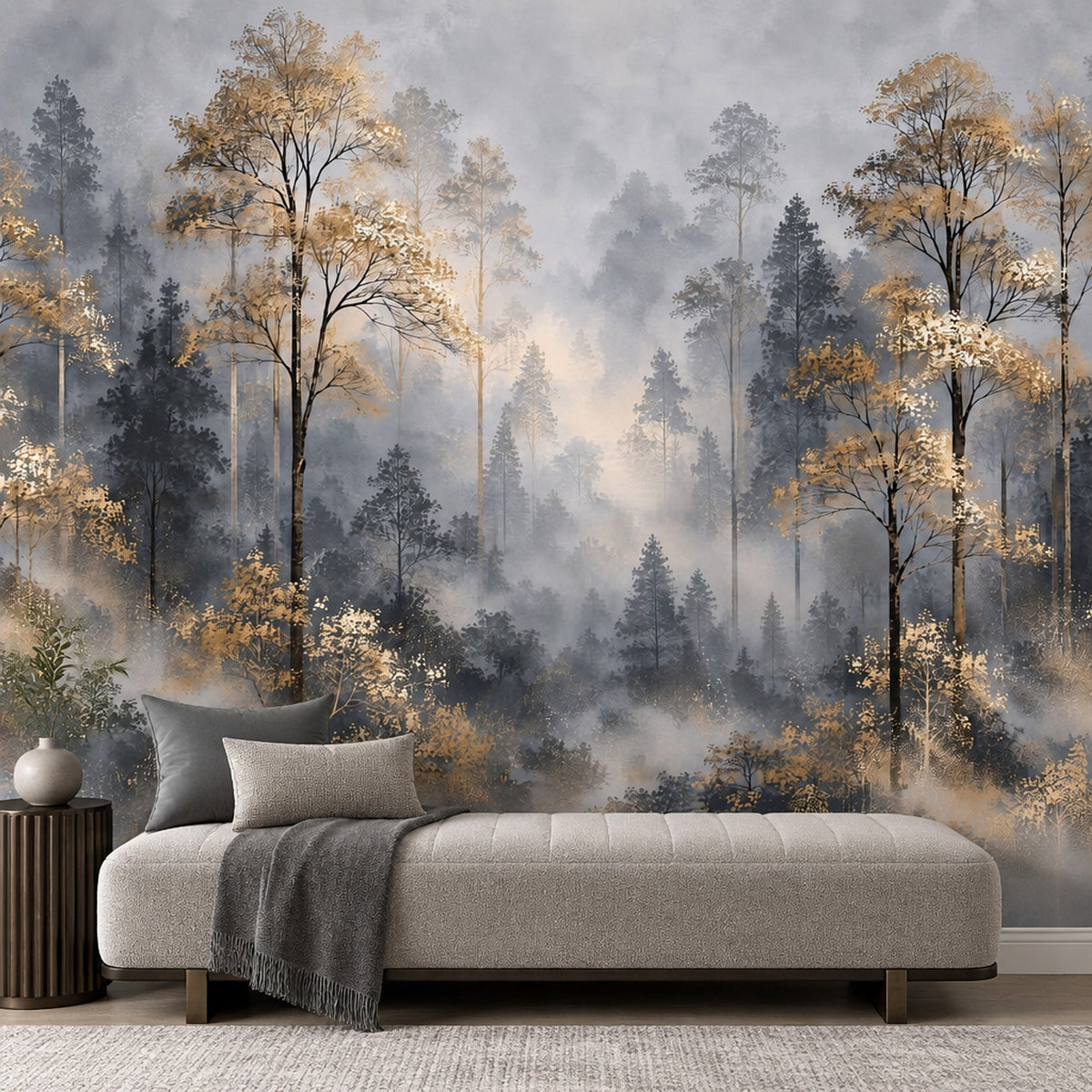 Misty Forest Wallpaper Mural Gray And Gold Watercolor Trees
