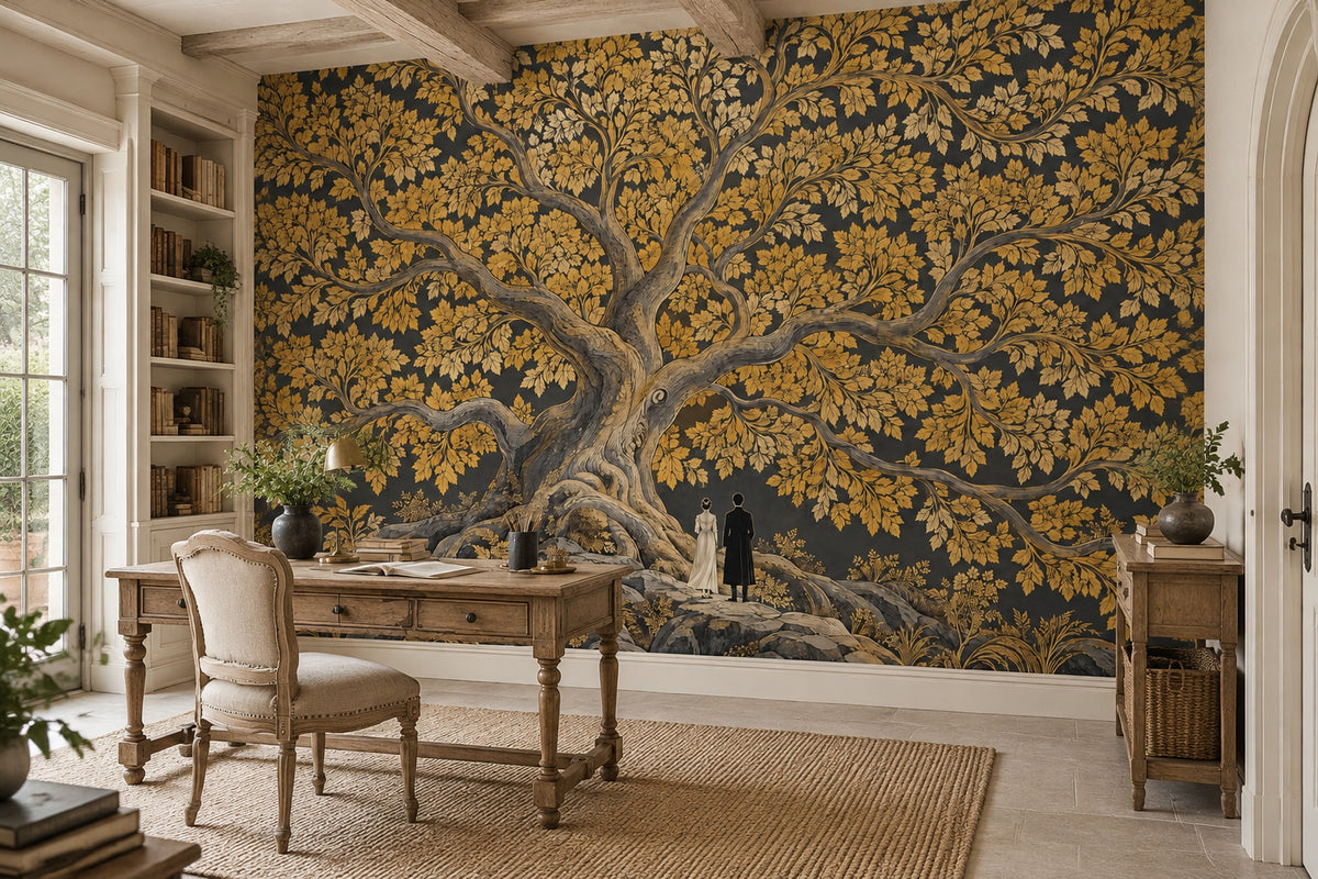 Golden Tree Wallpaper Mural, Dark Vintage Inspired Storybook Illustration