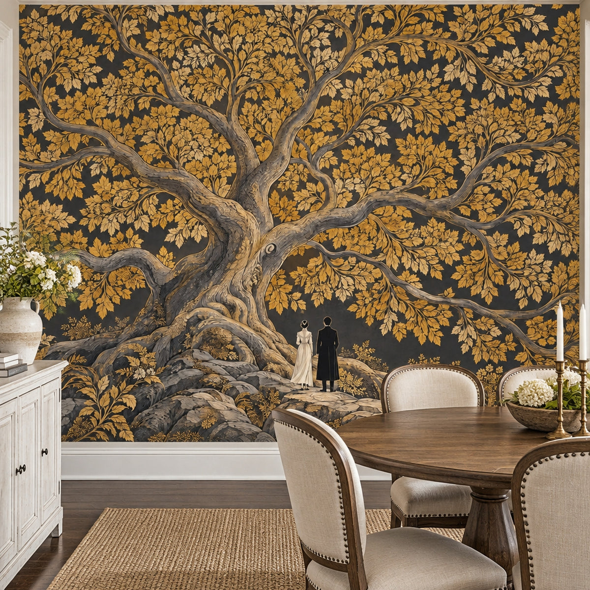 Golden Tree Wallpaper Mural, Dark Vintage Inspired Storybook Illustration