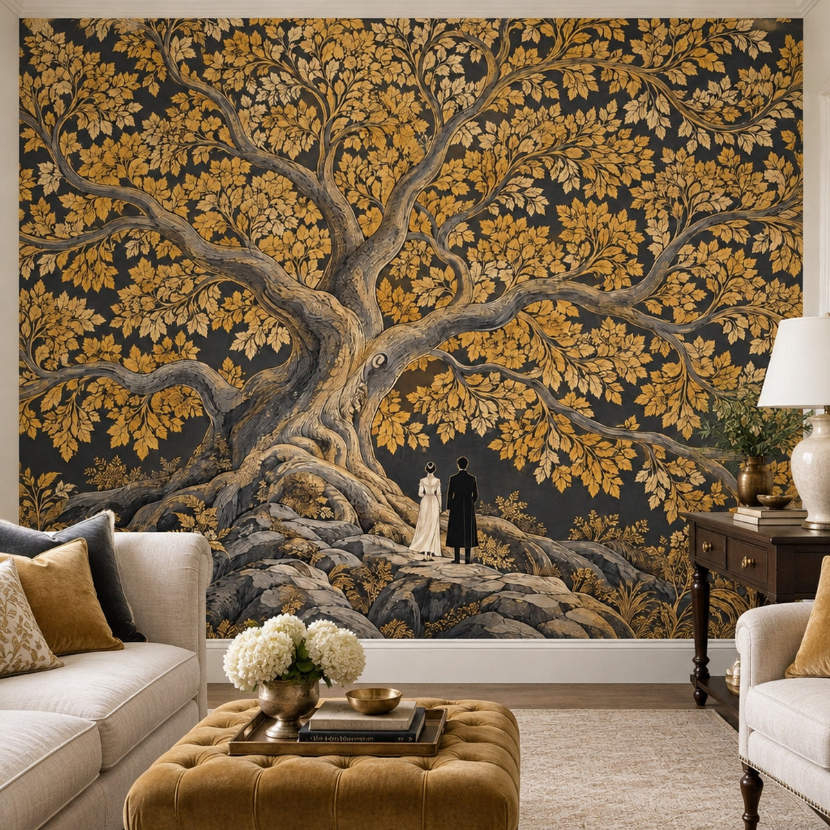 Golden Tree Wallpaper Mural, Dark Vintage Inspired Storybook Illustration