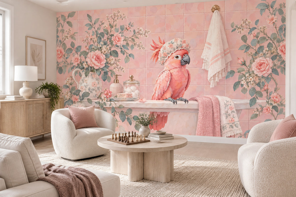 Pink Parrot In Floral Shower Cap Wallpaper Mural Pastel Watercolor Bathroom