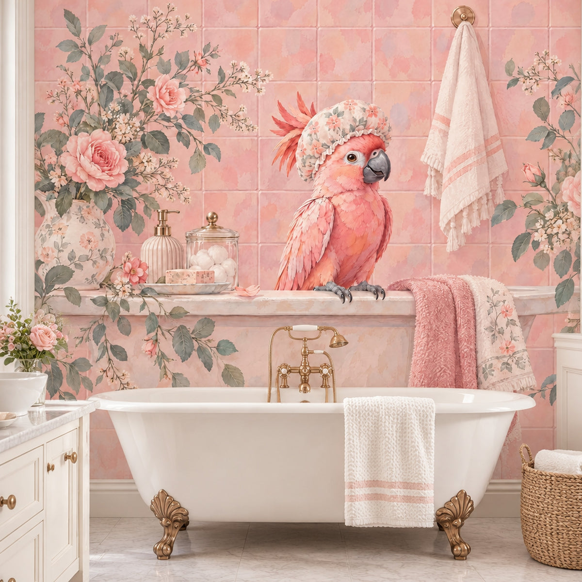 Pink Parrot In Floral Shower Cap Wallpaper Mural Pastel Watercolor Bathroom