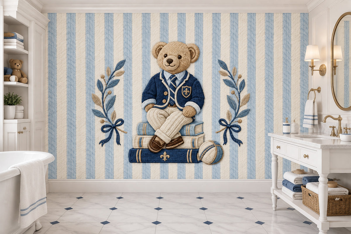 Preppy Teddy Bear Wallpaper Mural Blue Striped Embroidered Look