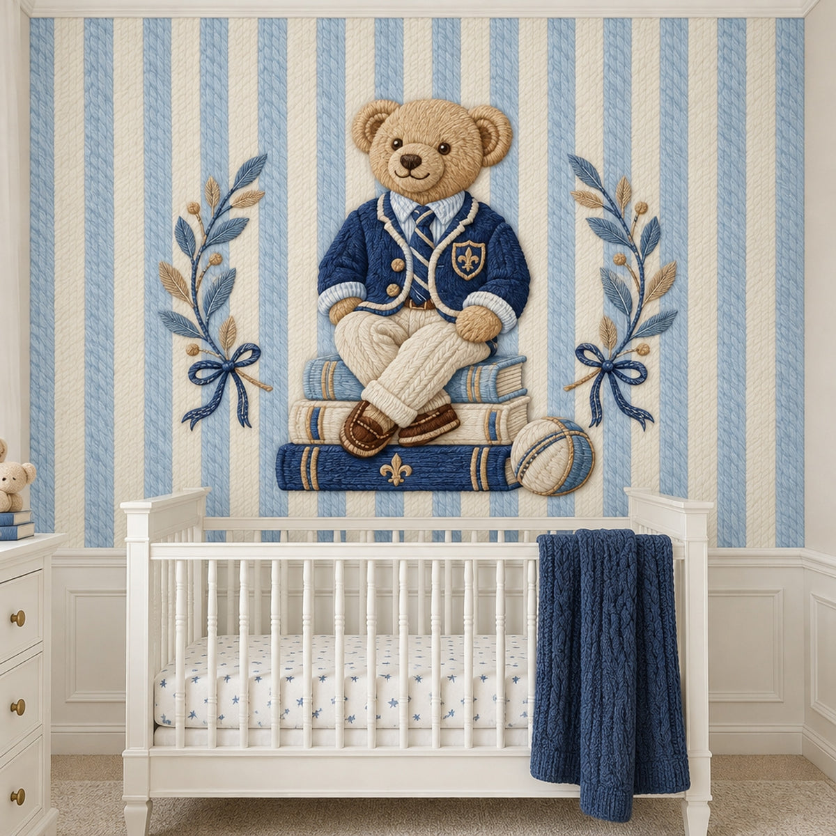 Preppy Teddy Bear Wallpaper Mural Blue Striped Embroidered Look