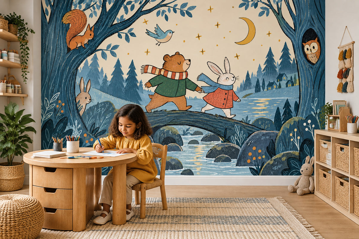 Bear And Rabbit Night Forest Wallpaper Mural Scandinavian Storybook
