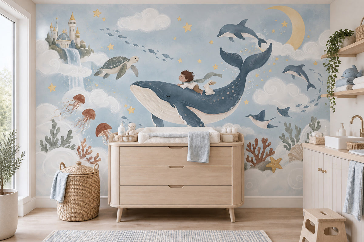 Whale And Child Fantasy Ocean Wallpaper Mural Watercolor Pastel Blue