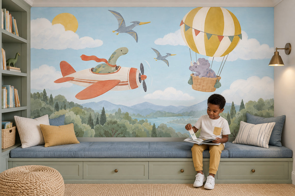 Dinosaur Airplane And Hot Air Balloon Wallpaper Mural Pastel Watercolor Sky