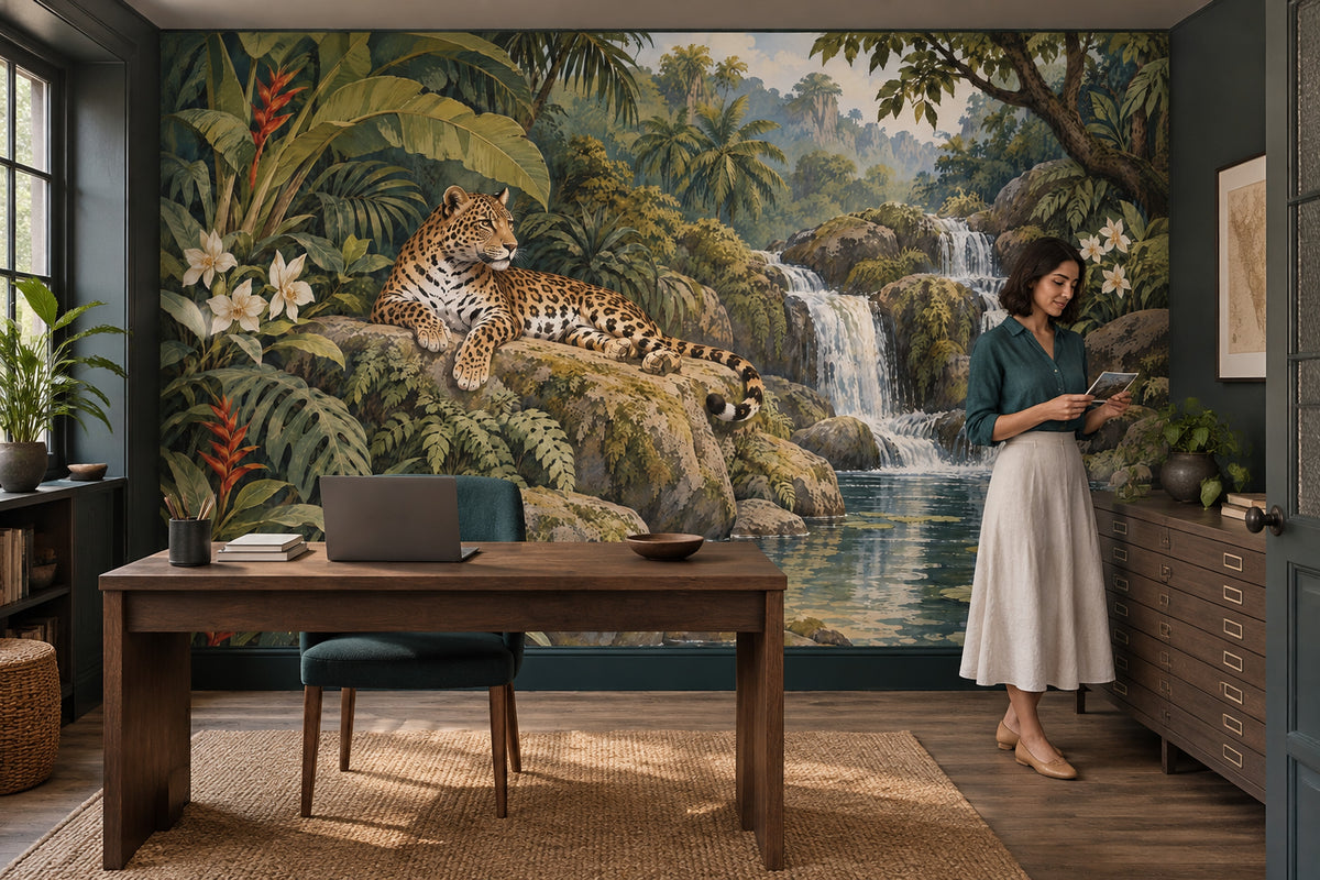 Resting Leopard Wallpaper Mural Vintage Inspired Tropical Jungle Waterfall