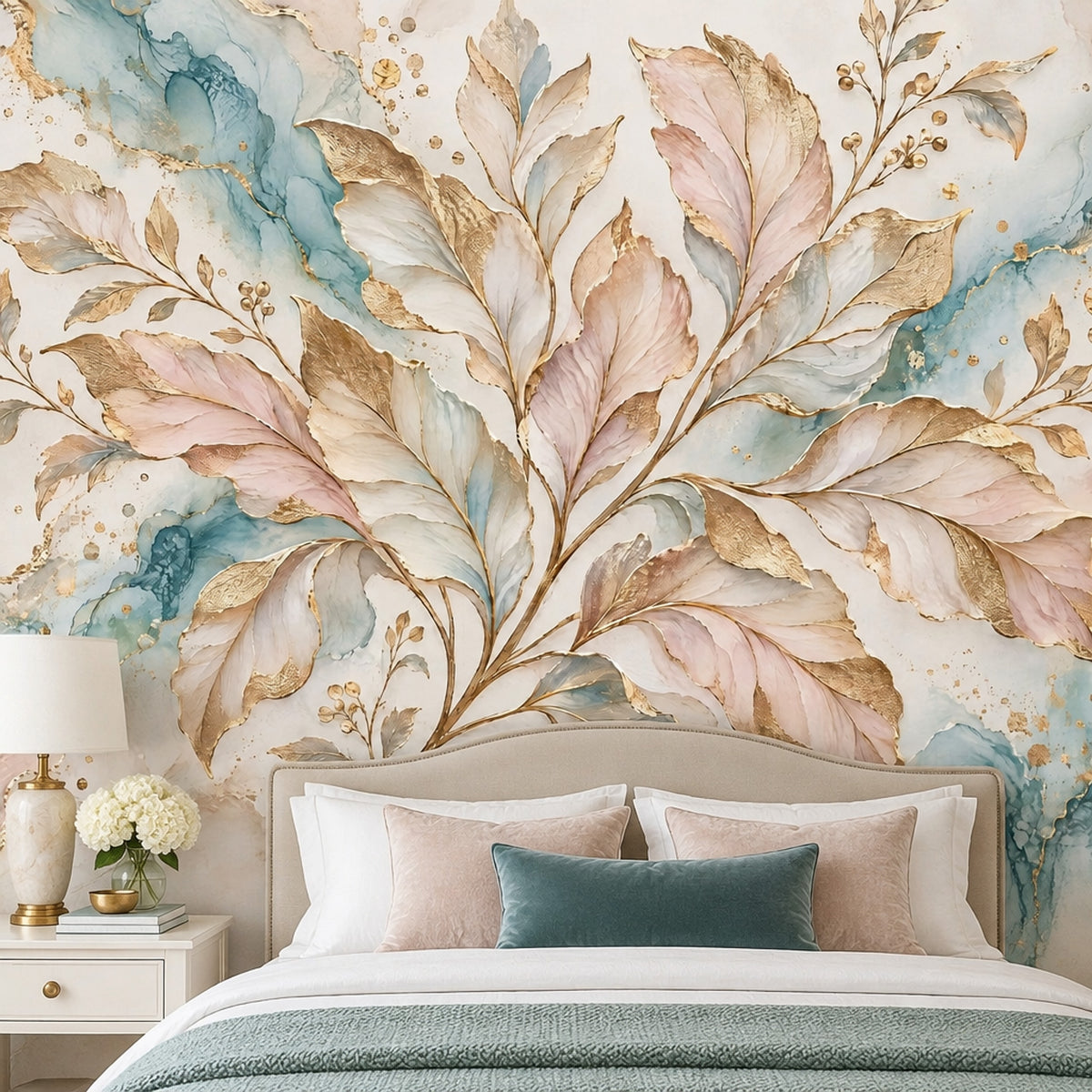 Gold Leaf Branches Wallpaper Mural In Pastel Watercolor Marble